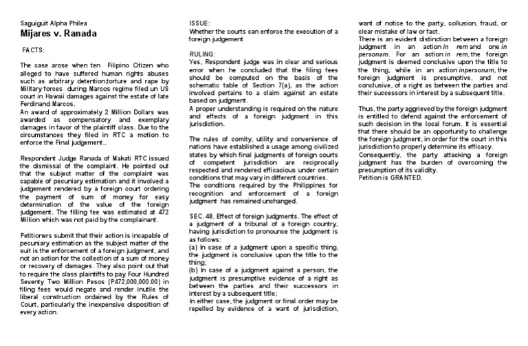 Mijares v. Ranada Personam. For An Action in Rem, The Foreign PDF