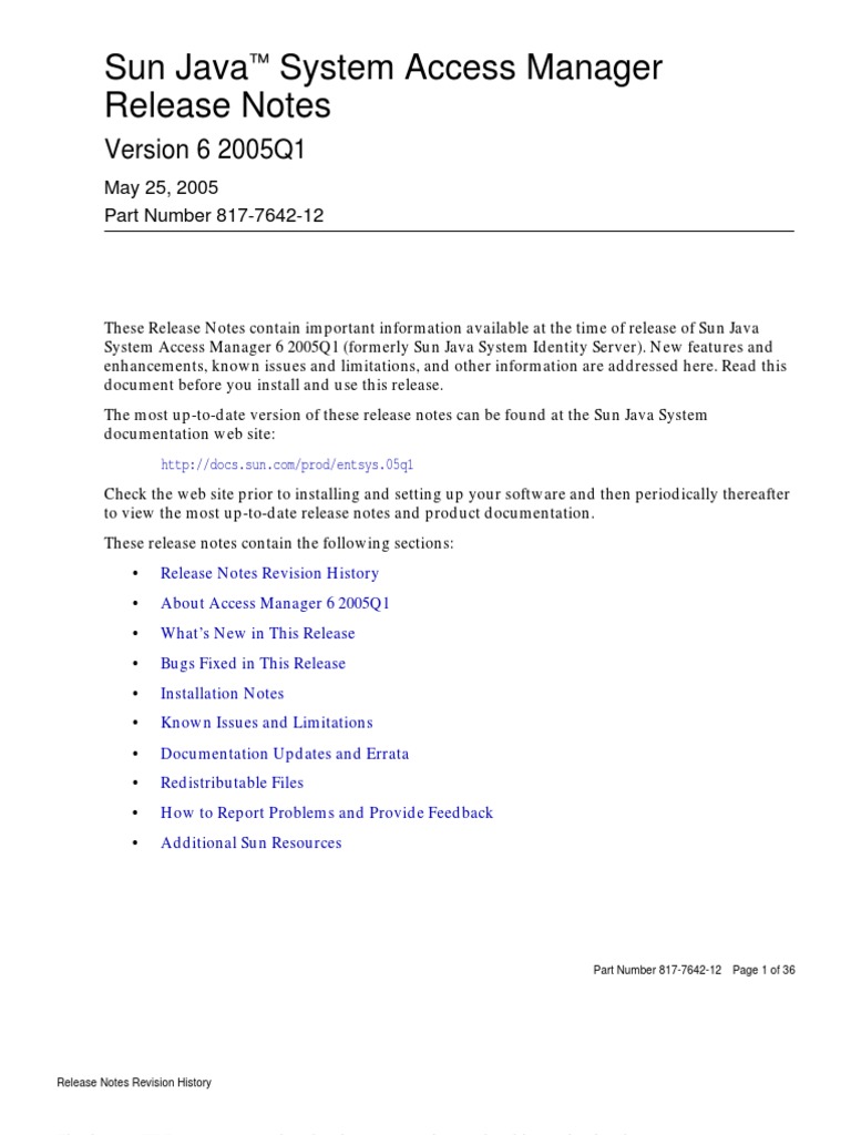 Sun Java System Access Manager Release Notes: Version 6 2005Q1 | PDF ...