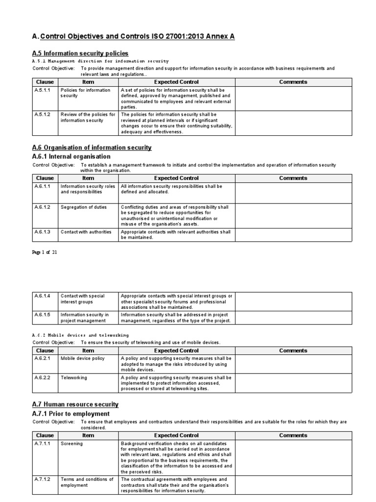 ISMS Annex A Information Security Control Checklist PDF Information