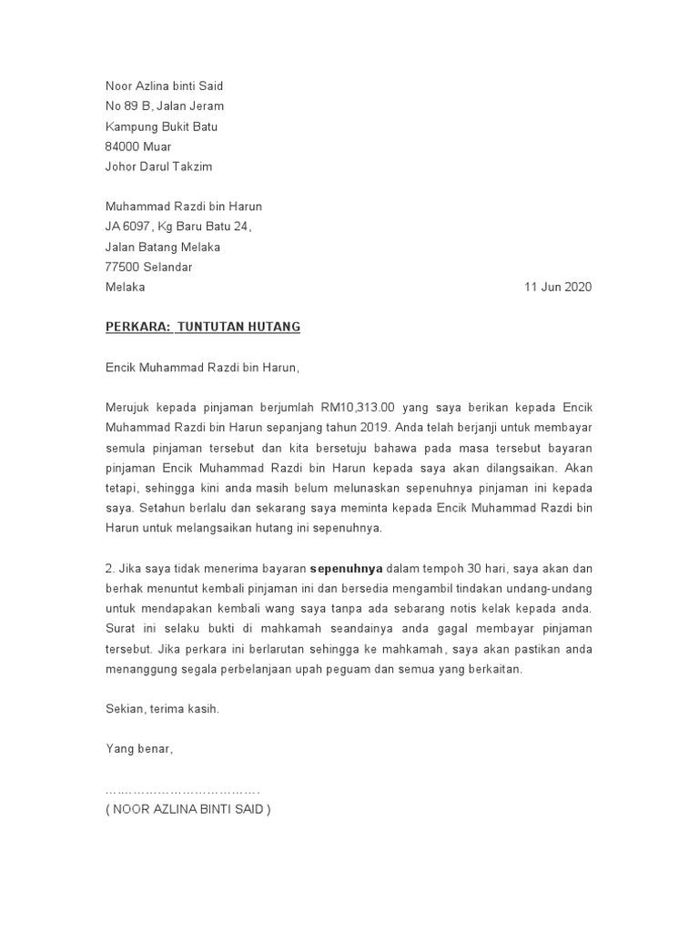 Surat Tuntutan Hutang | PDF