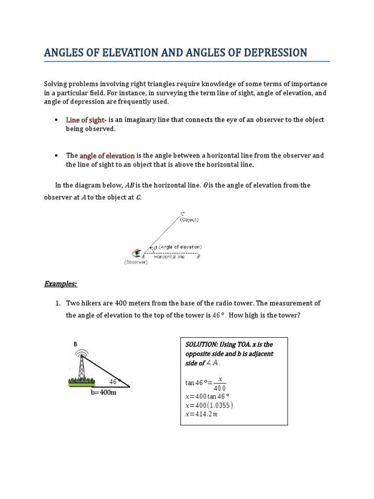 Solving Right Triangles: Elevation & Depression | PDF | Triangle | Sine