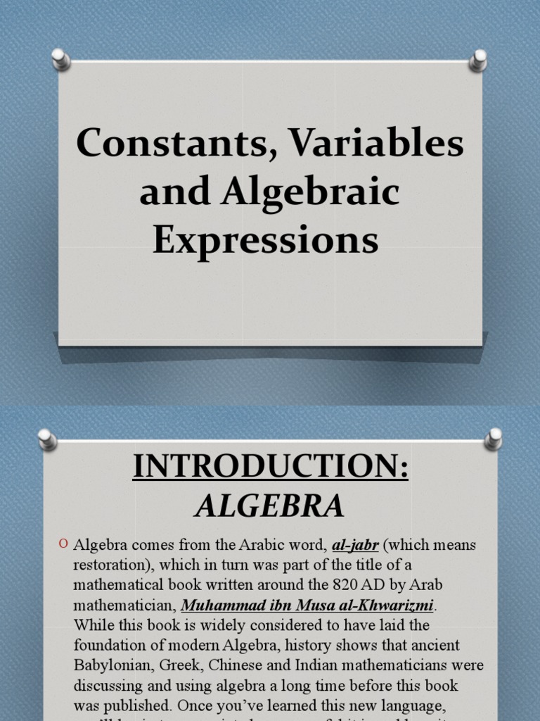 Constants, Variables and Algebraic Expressions | PDF | Variable ...
