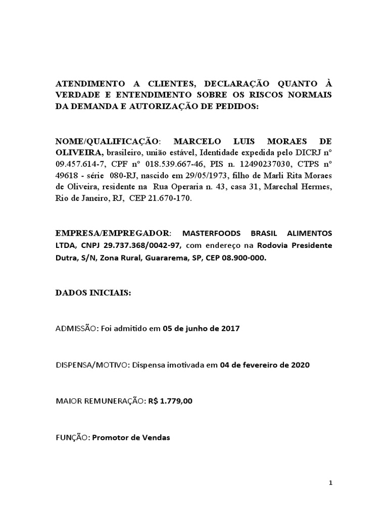 Atendimento A Clientes Declaração Da Verdade e Autorização de Pedidos