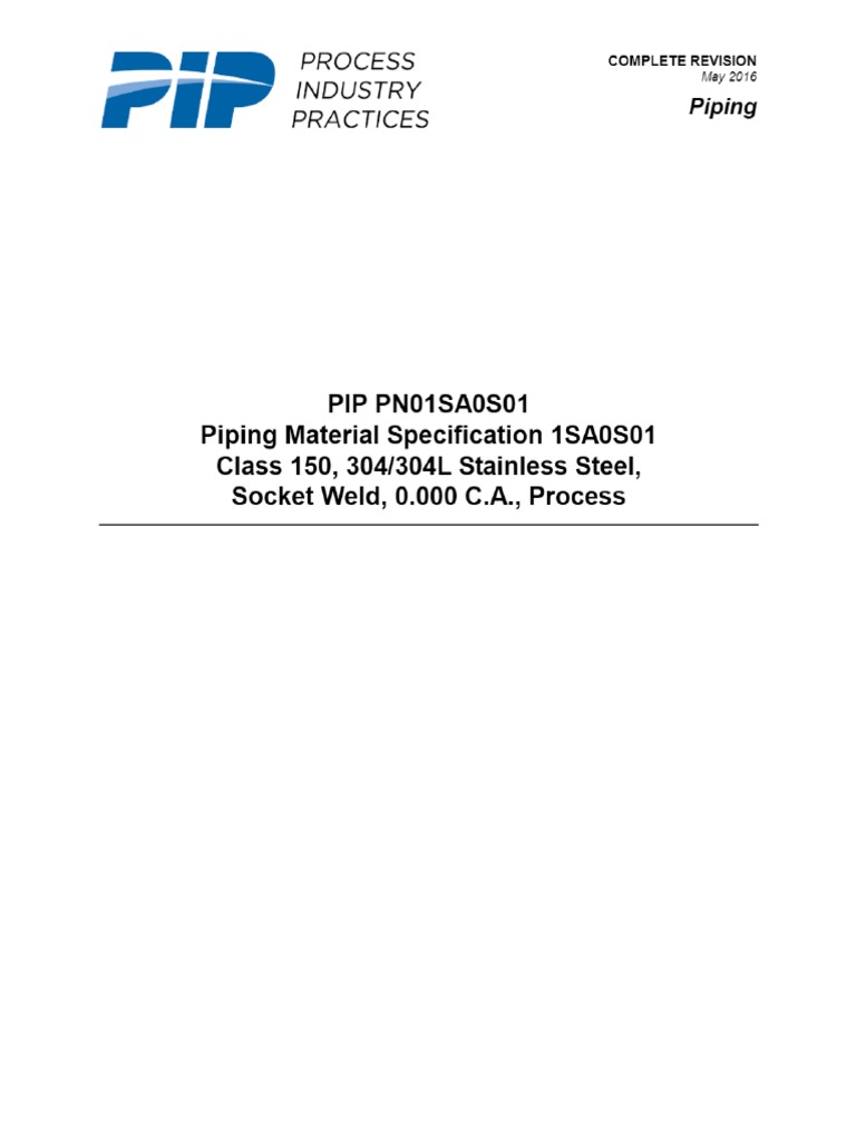 PIP PN01SA0S01 Piping Material Specification 1SA0S01 Class 150, 304