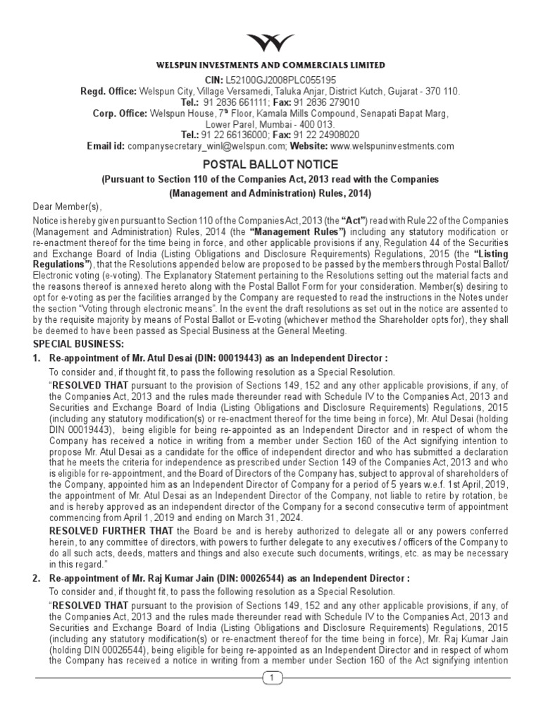 Notice of Postal Ballot Form PDF | PDF | Electronic Voting | Password