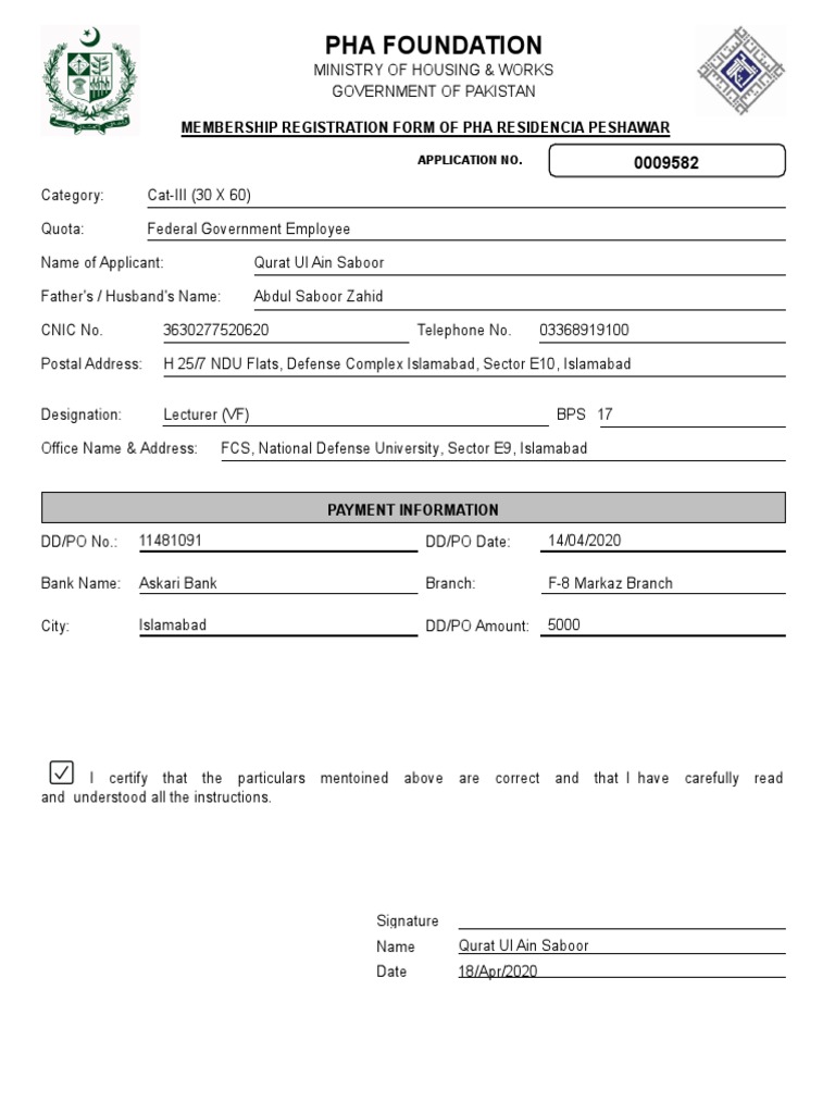 PHA Residencia Peshawar Form | PDF