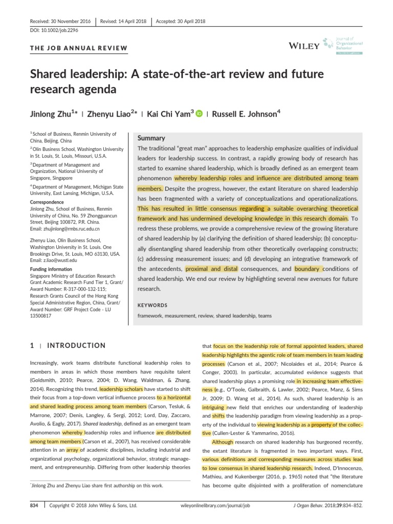 Zhu Et Al (2018) Shared Leadership - A State of The Art Review and ...
