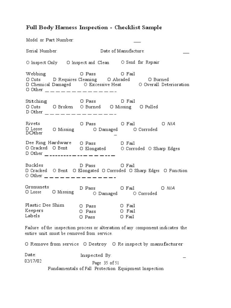 Full Body Harness Inspection Checklist Sample PDF