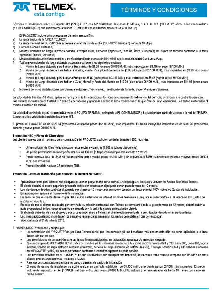 Paquete Telmex 389: Detalles y Condiciones | PDF | Internet | Red de ...