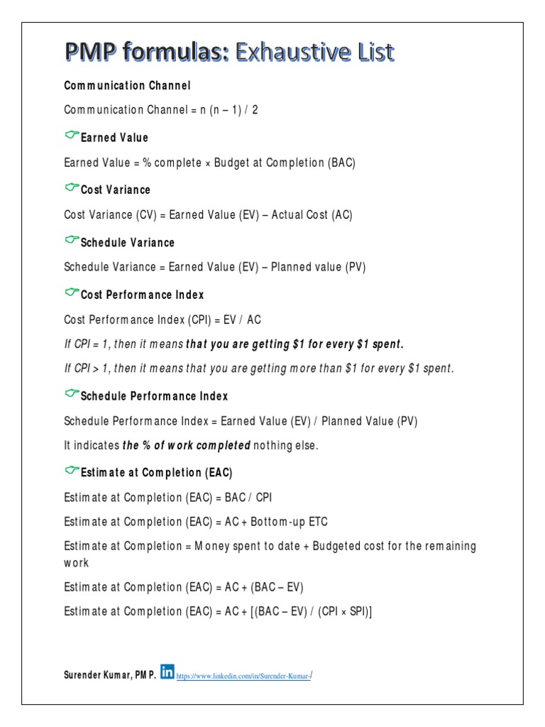 PMP Formulas PDF | PDF | Investing | Return On Investment