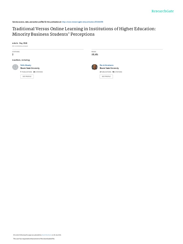 Traditional Versus Online Learning in Institutions | Download Free PDF