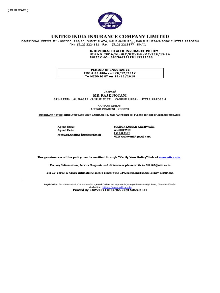 Renewed Individual Health Insurance Policy Documents | PDF | Hospital | Physician