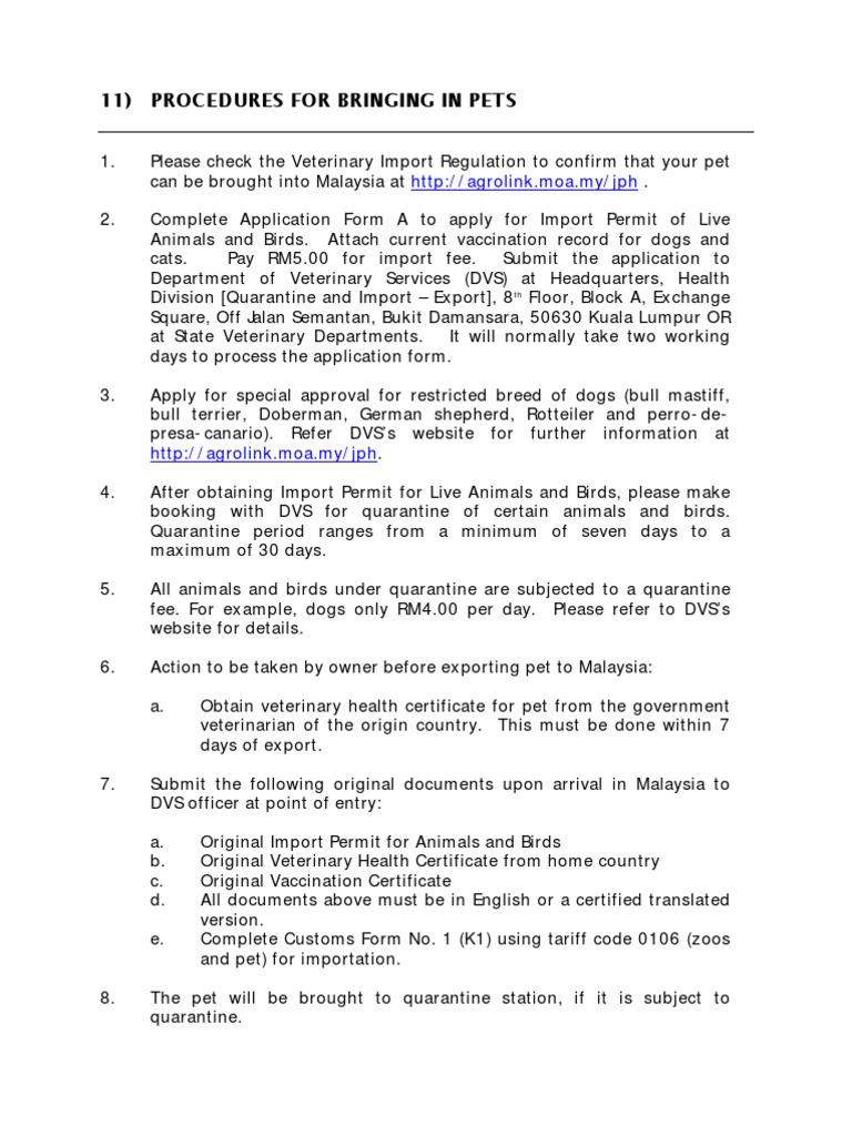 11) Procedures For Bringing in Pets PDF Pet Quarantine