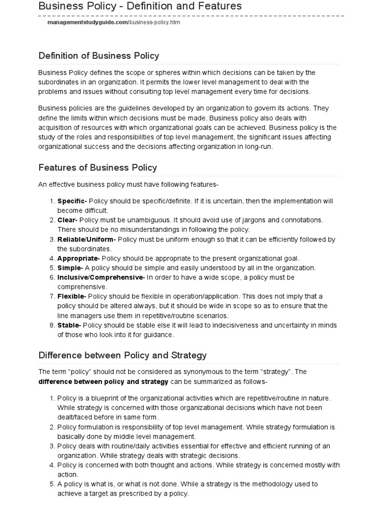 Business Policy Definition and Features Difference Between Policy and
