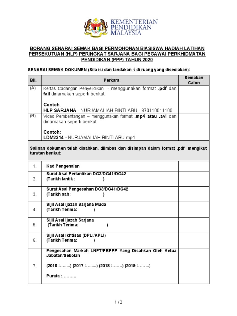 Hlp Sarjana Borang Senarai Semak Ppp Tahun 2020 Pdf