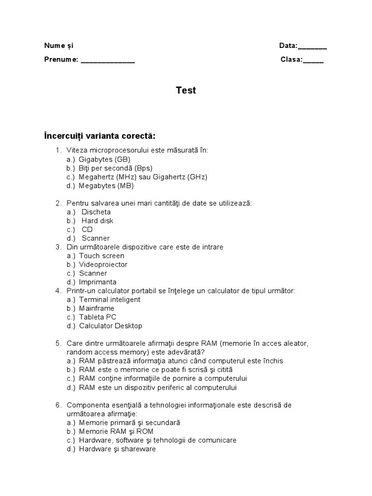 Test Grila Didactica | PDF