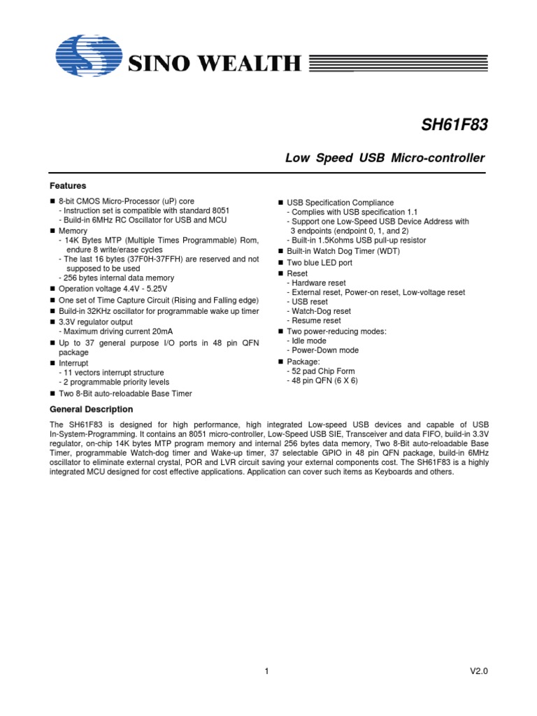 Low Speed USB Micro-Controller: Features | PDF | Usb | Microcontroller