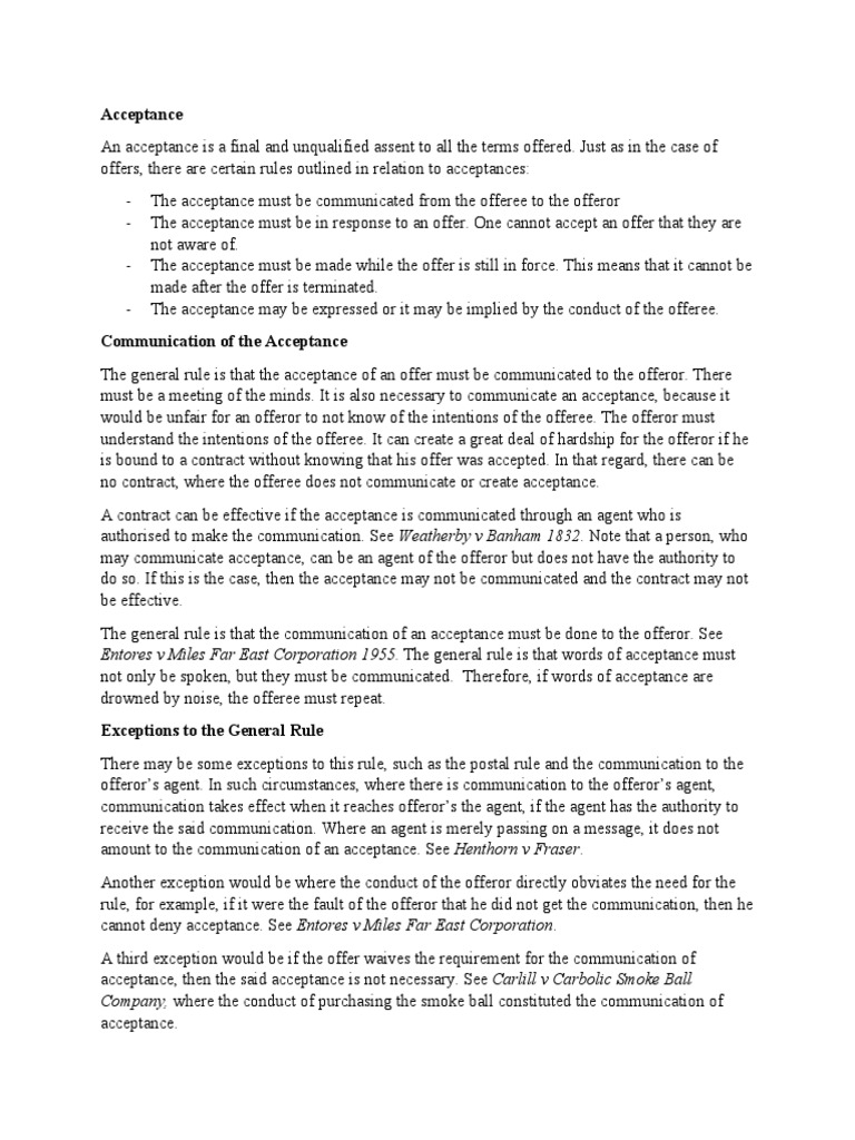 Understanding Acceptance in Contracts | PDF | Offer And Acceptance ...