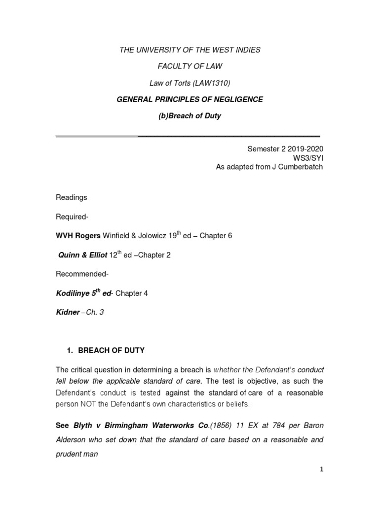 Worksheet 3 - Negligence - Breach of Duty | PDF | Reasonable Person ...