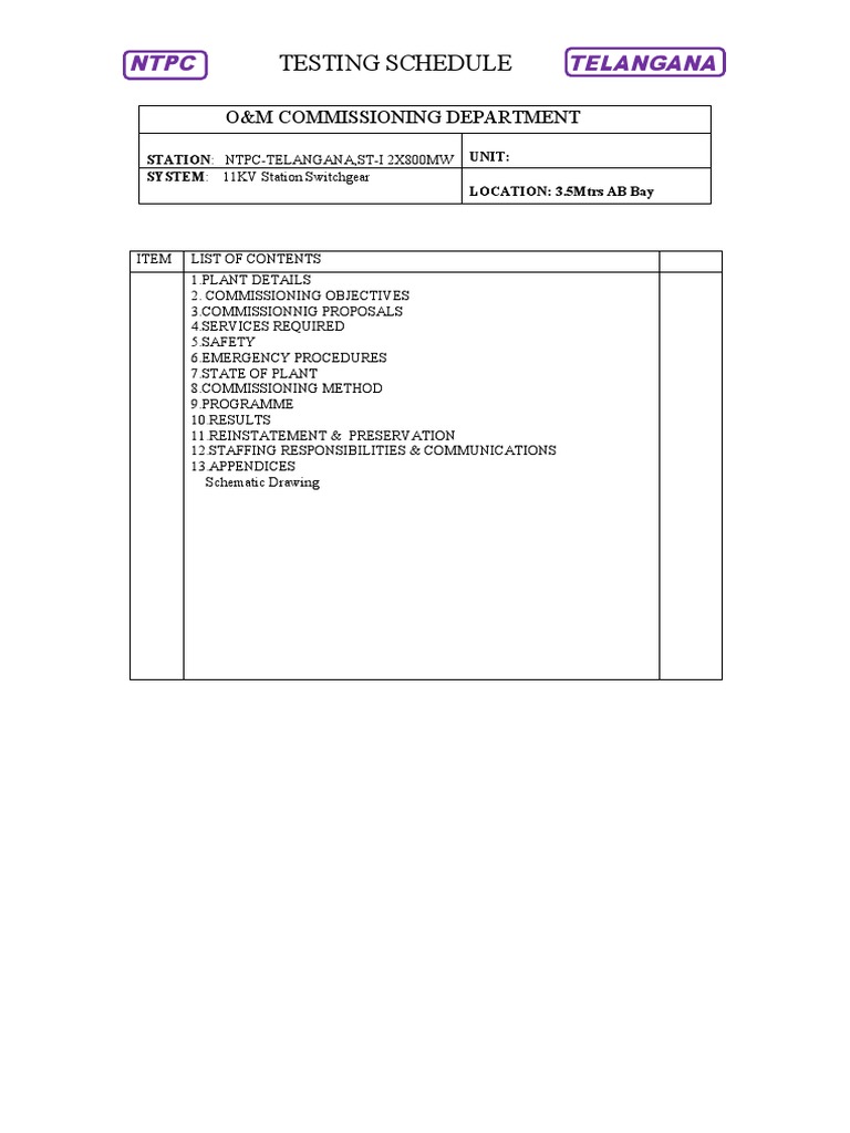 11KV Switchgear Testing Schedule | PDF | Power Engineering | Electric Power