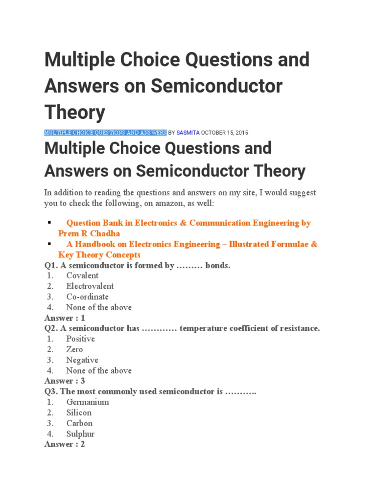 Multiple Choice Questions and Answers On Semiconductor Theory PDF