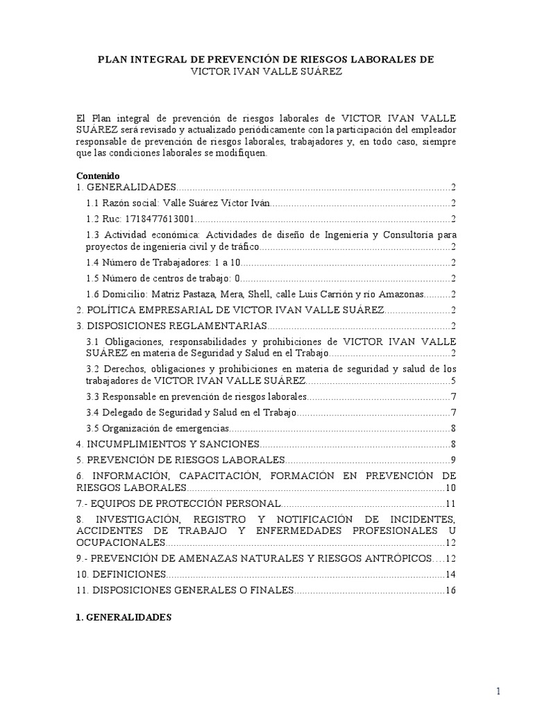 Plan Integral de Prevención de Riesgos Laborales | PDF | Seguridad y ...