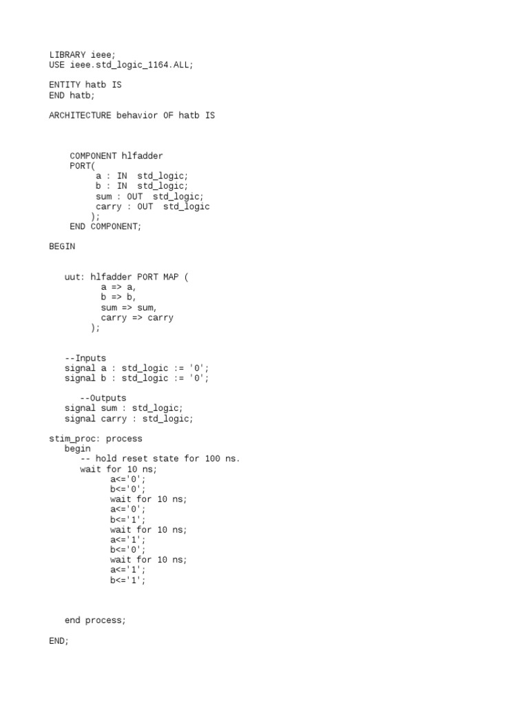 VHDL Half Adder and Full Adder Code | PDF | Systems Engineering ...
