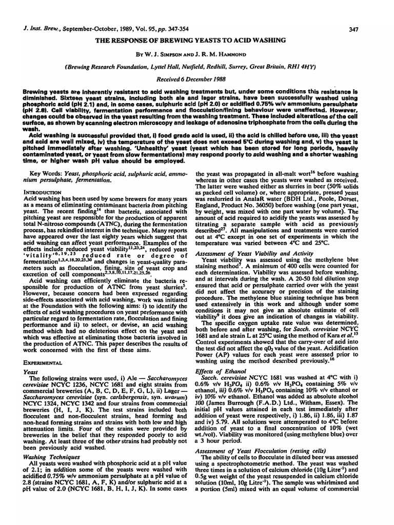 Response of Brewing Yeast To Acid Washing, WhiteLabs PDF Yeast