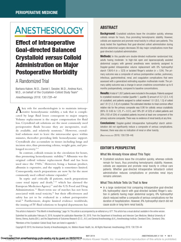 Effect of Intraoperative GoalDirected Balanced Crystalloid Versus Colloid Administration On