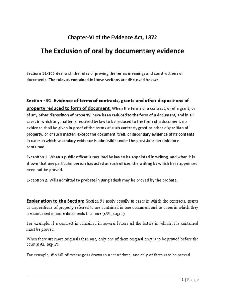 Exclusion of Oral Evidence in Contracts | PDF | Evidence (Law) | Will ...