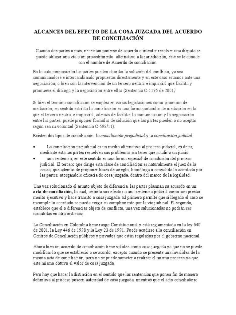Alcances Del Efecto de La Cosa Juzgada Del Acuerdo de Conciliación PDF Res Judicata