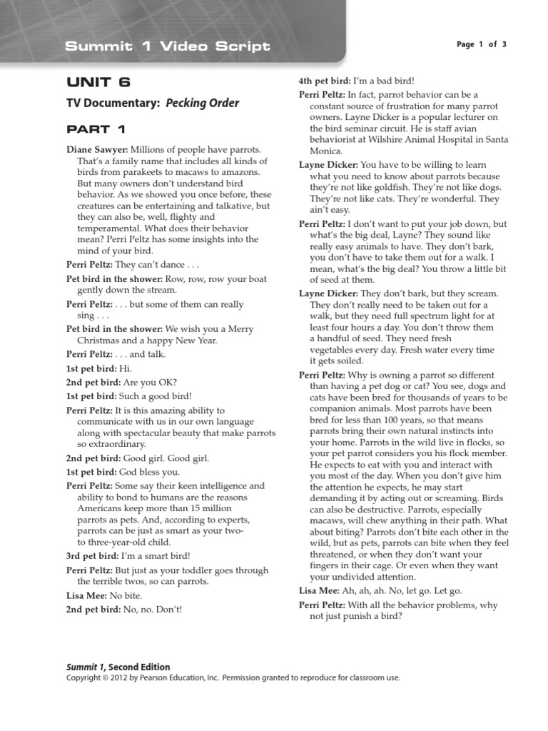 Unit 6: Summit 1 Video Script | PDF | Parrot | Pet