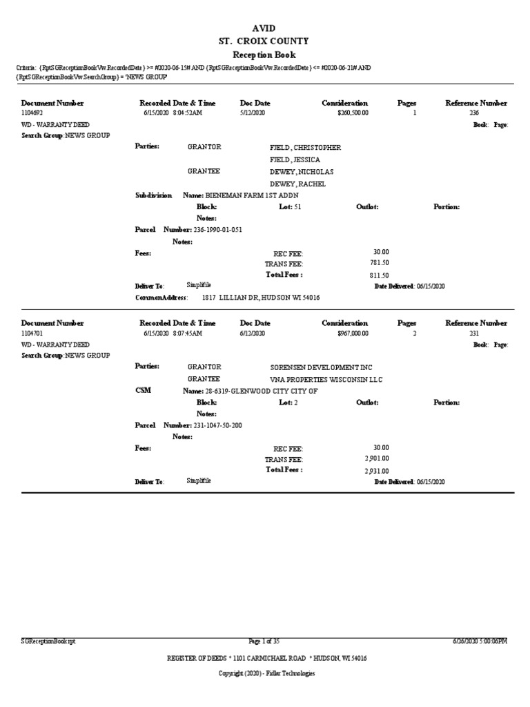 St. Croix County Property Transfers For June 1519 2020 PDF Deed