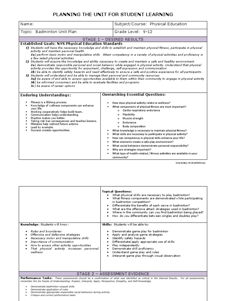 Badminton Unit Plan PDF Physical Education Physical Fitness