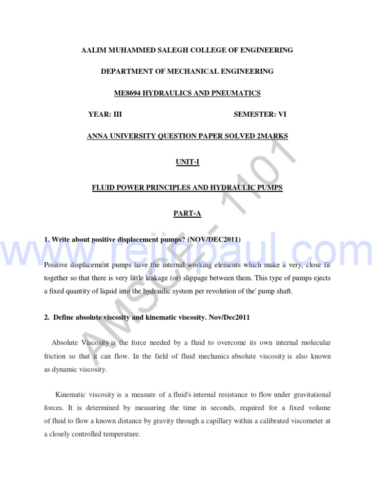 Hydraulics and Pneumatics Exam Guide | PDF | Pump | Reynolds Number