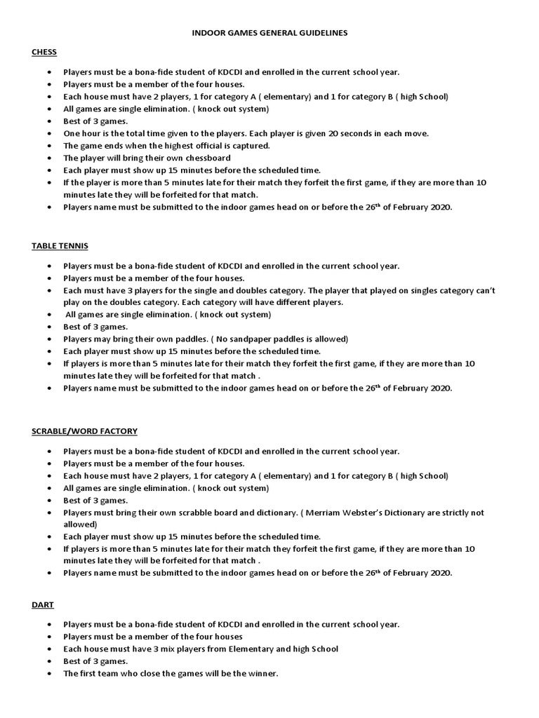 Indoor Games Guidelines and Rules | PDF | Leisure | Sports