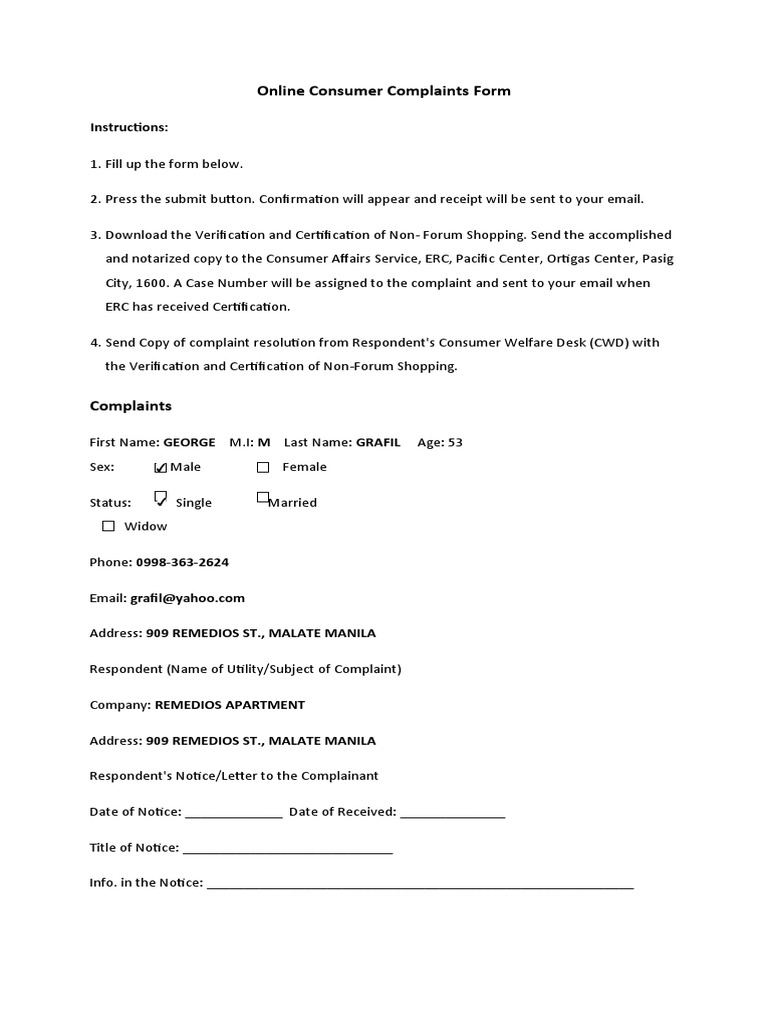Online Consumer Complaints Form: Instructions | PDF | Law