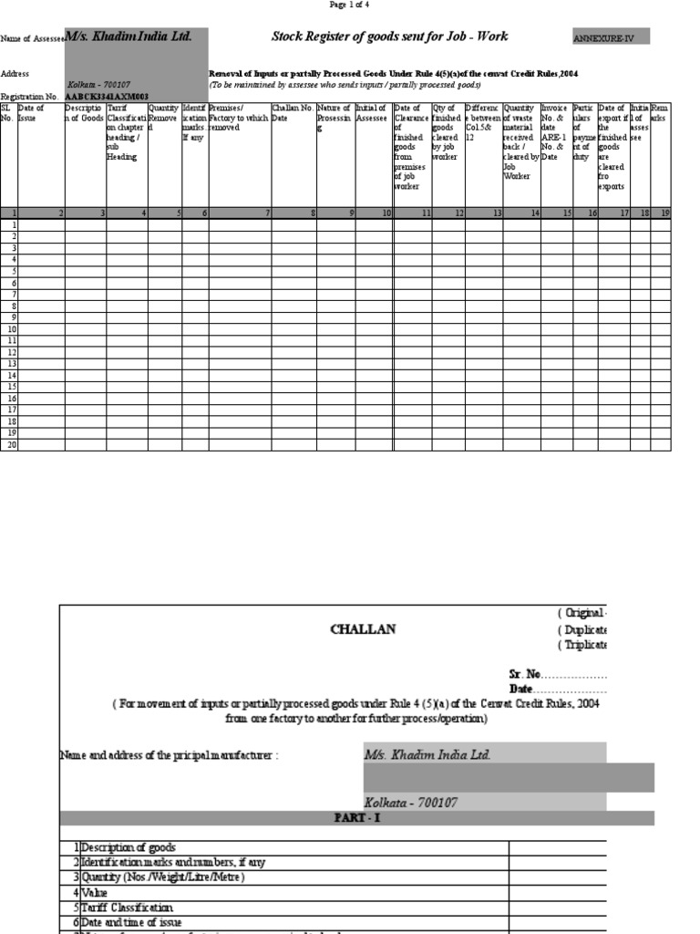 CENVAT Job Work Stock Register Template | PDF | Trade | Business