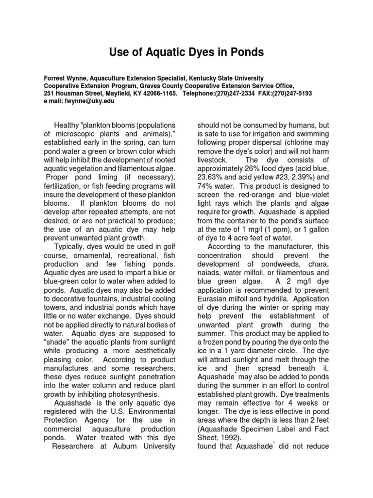 Use of Aquatic Dyes in Ponds PDF Pond Plants