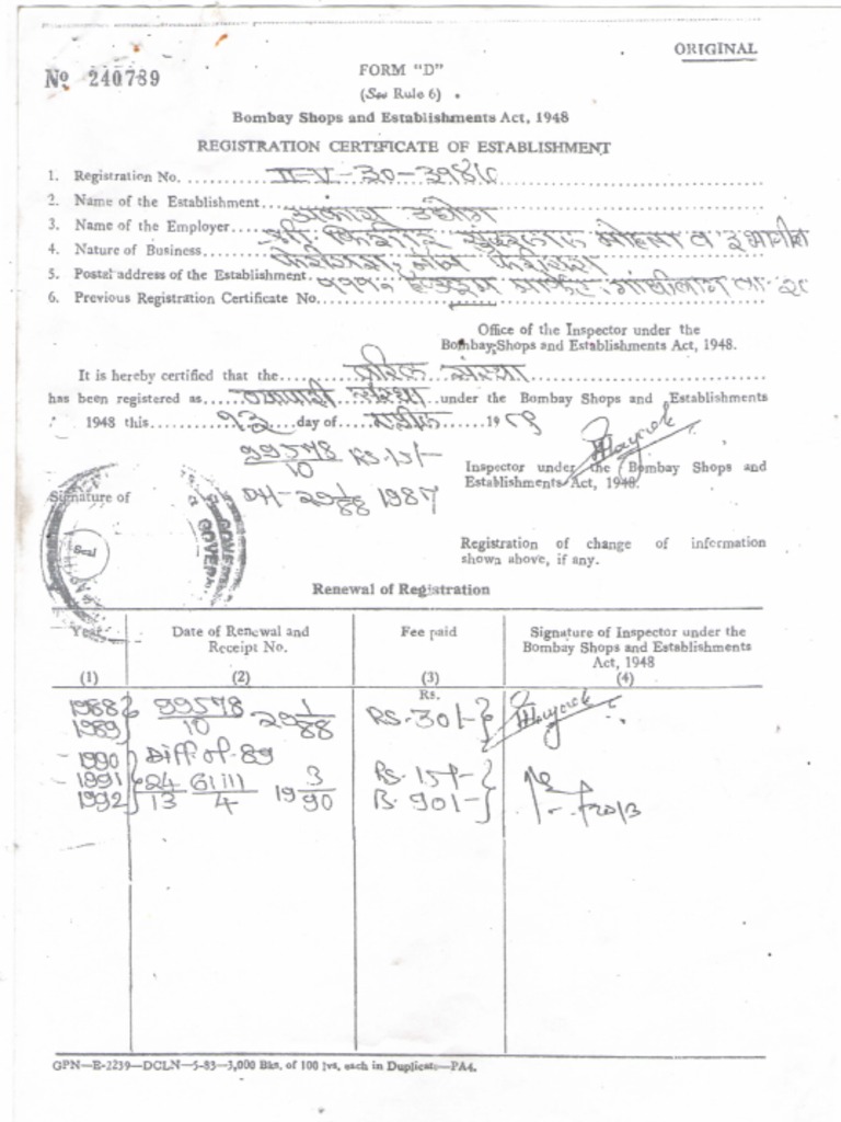 Registration Certificate for [Business Name] Under the Bombay Shops and ...