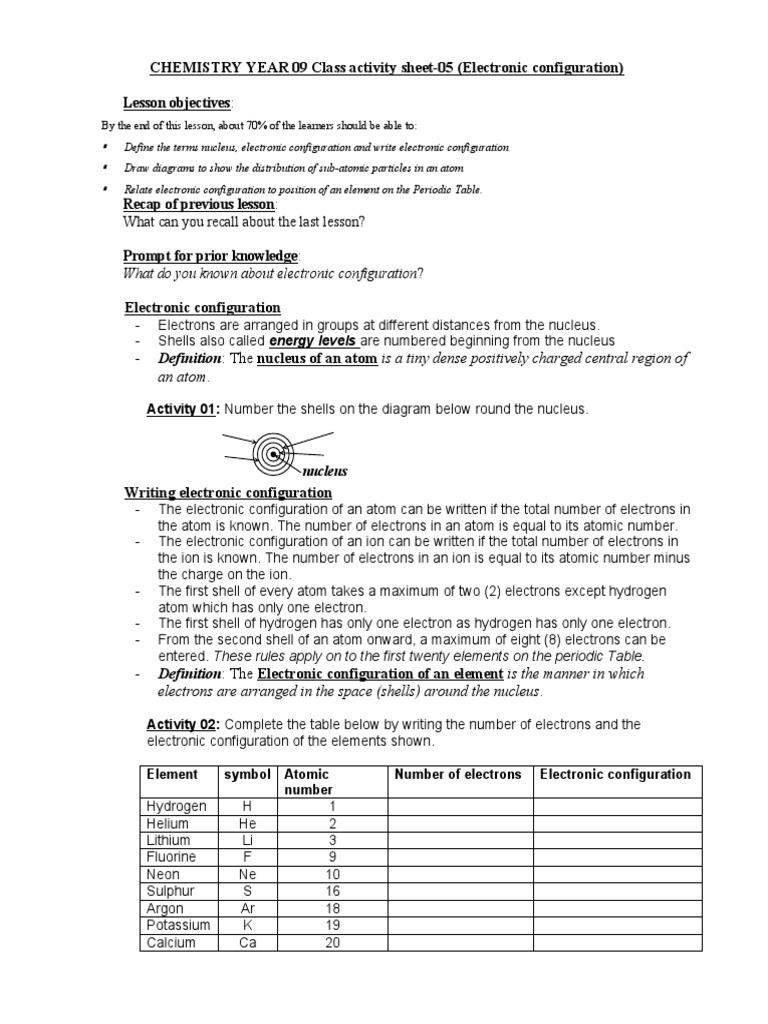 Electronic Configuration Class Activity | PDF | Atoms | Electron ...