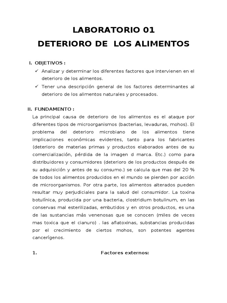 Lab 01 Deterioro de Los Alimentos PDF | PDF | Carbohidratos | Alimentos
