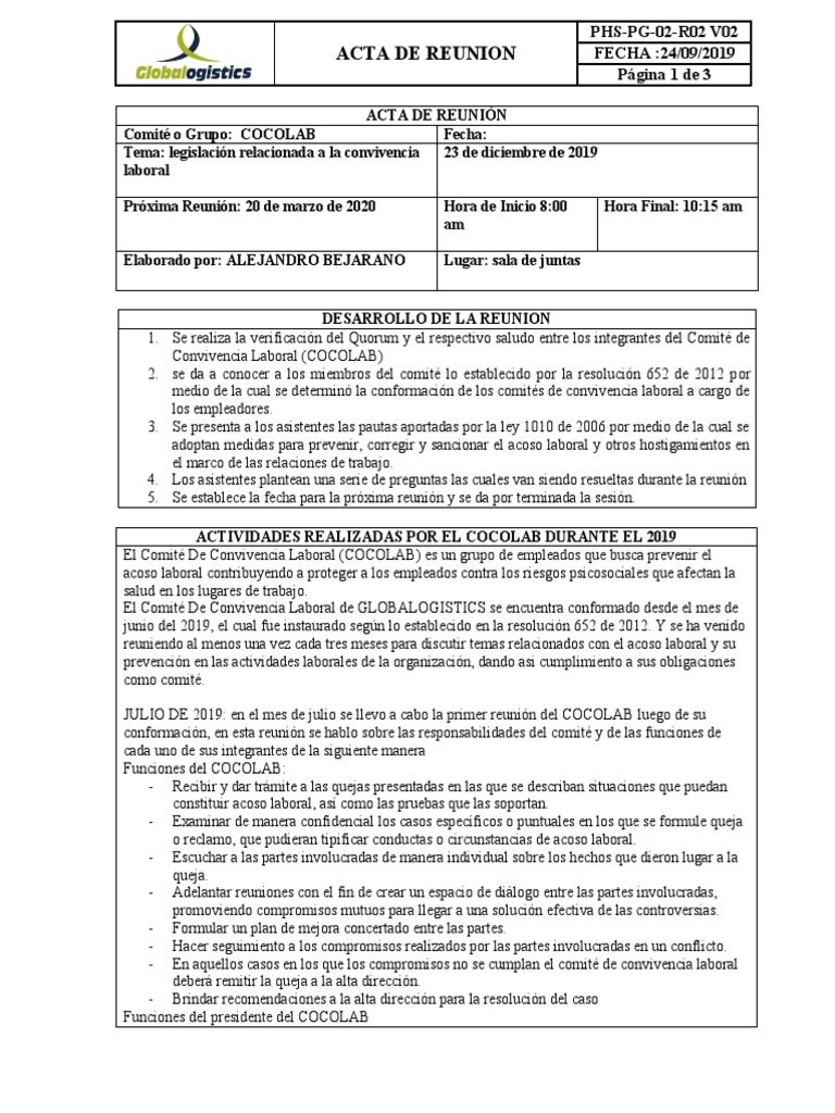 Acta de Reunión COCOLAB - Diciembre 2019 | PDF | Gobierno | Violencia