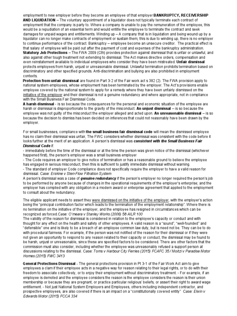 Workplace Law A4 Note 2 | PDF | Employment | Private Law