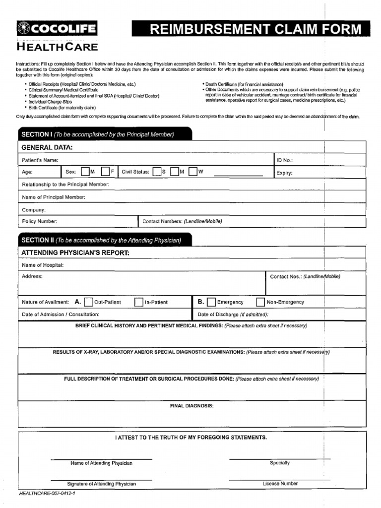 Cocolife Healthcare Reimbursement Form | PDF | Patient | Medical Record