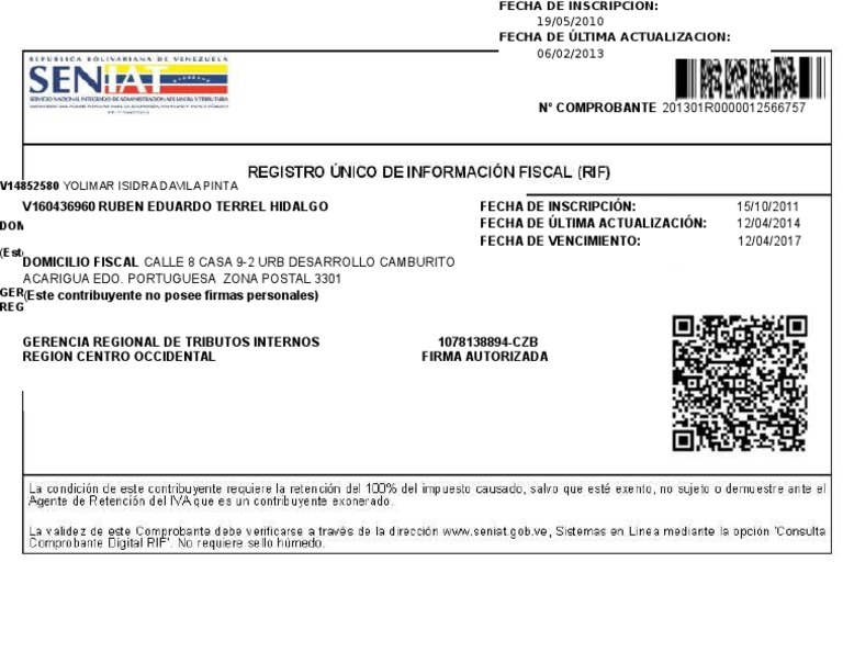 Ejemplo de RIF para Empresas en Venezuela | PDF