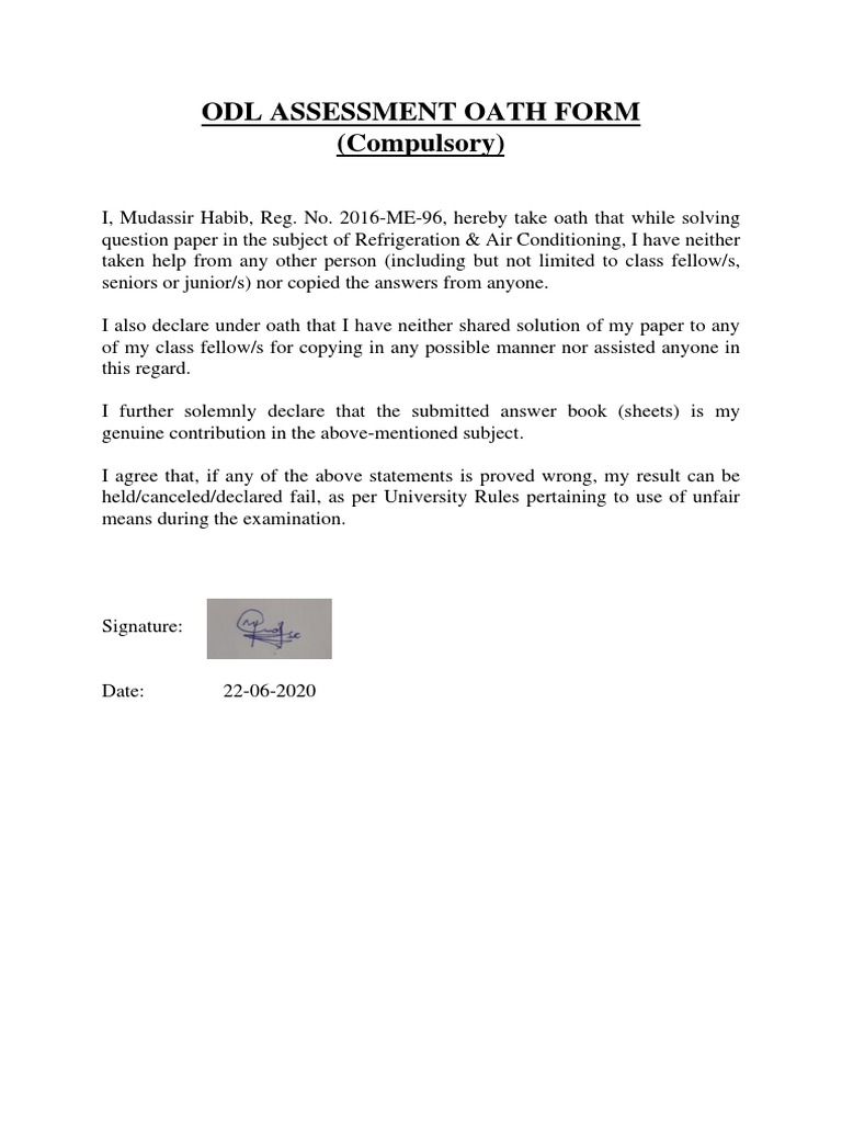 ODL Assessment Oath Form for Exams | PDF
