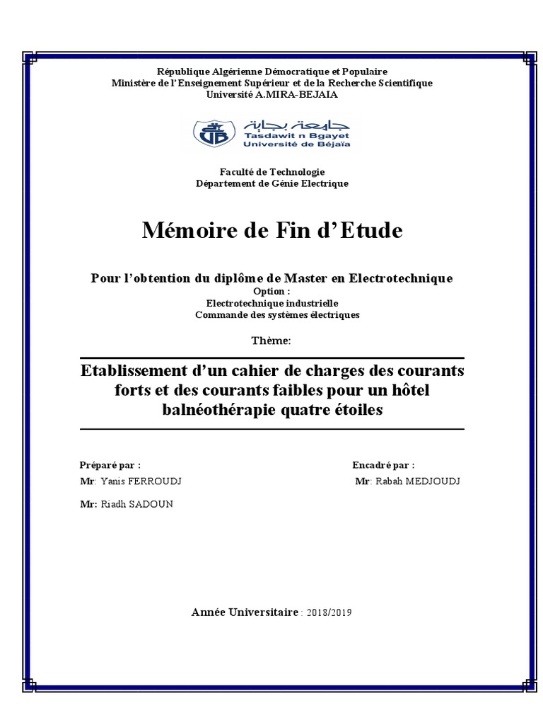 Page De Garde Cahier De Charge Industriel Etablissement D'un Cahier de Charges Des Courants Forts Et Des Courants  Faibles Pour Un Hôtel Balnéothérapie Quatre Étoiles | PDF | Infrarouge |  Électricité