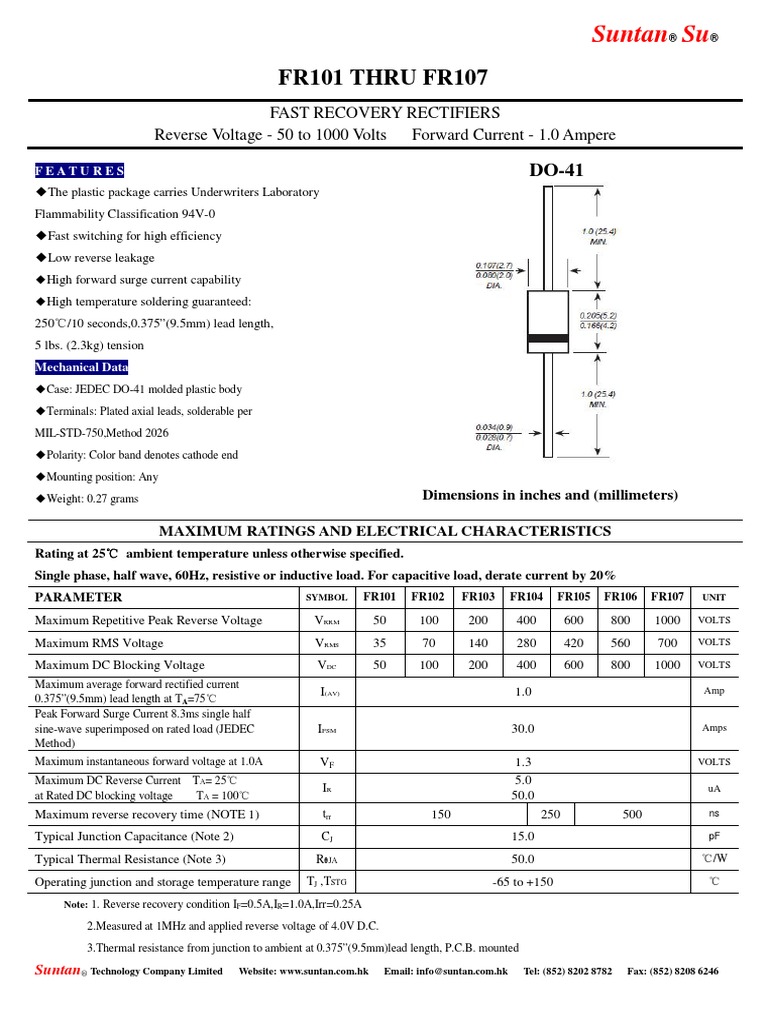 Diodo FR107 Datasheet PDF Rectifier Capacitor