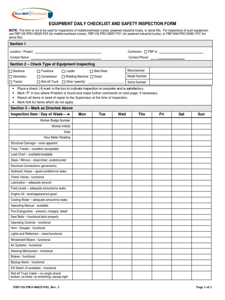 Daily Equipment Inspection Checklist | PDF | Loader (Equipment) | Elevator